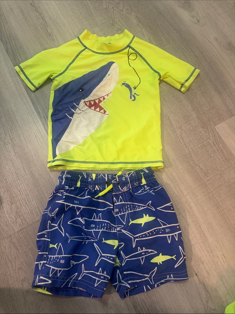 Carter's Neon Yellow Shark Rashguard Set with Navy Shark-Print Shorts